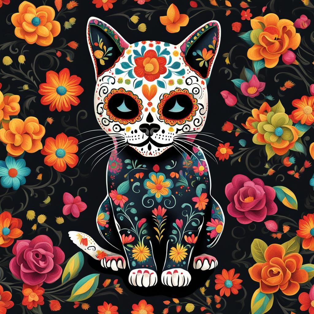 Mexican Sugar Skull Cat Digital Illustration