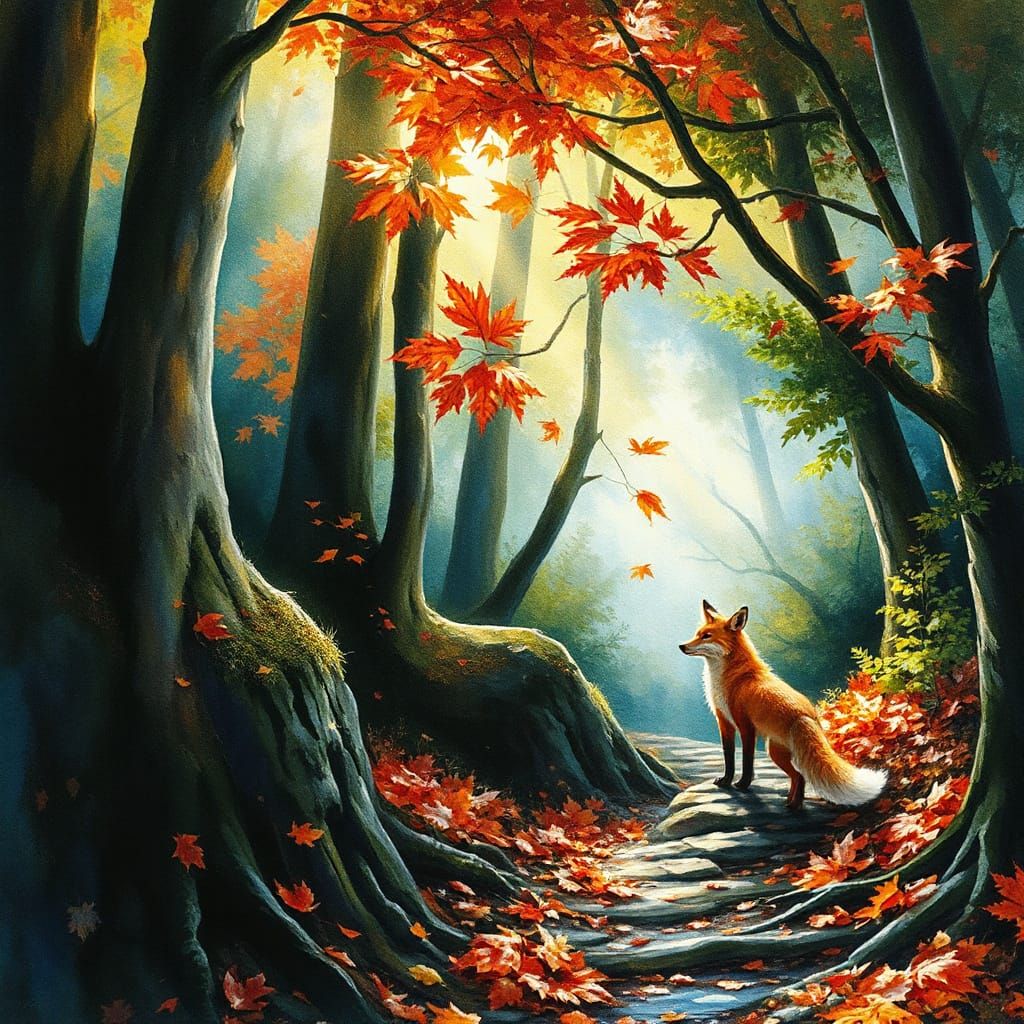 Red Fox in Enchanted Forest: Expressionist-Abstract Symphony