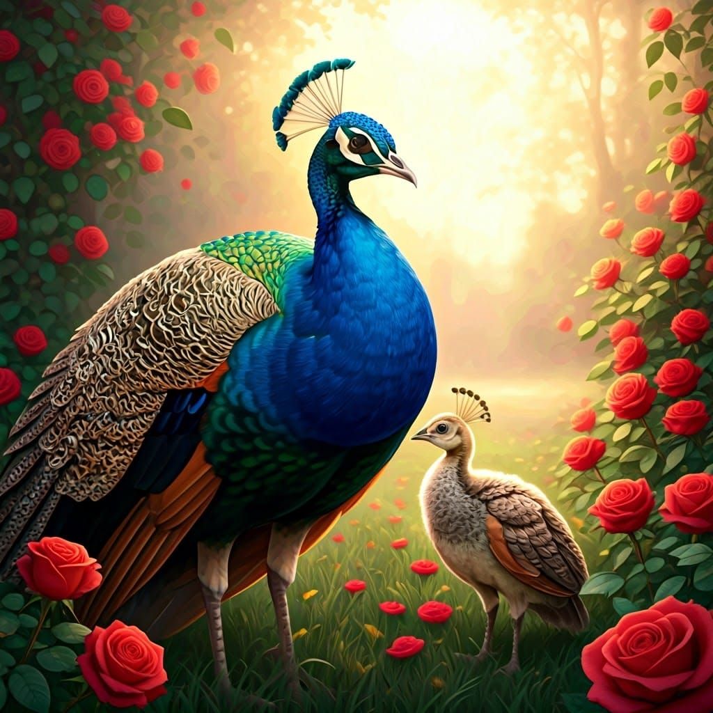 Mother Peacock Gazes Lovingly at Baby in Vibrant Rose Garden...