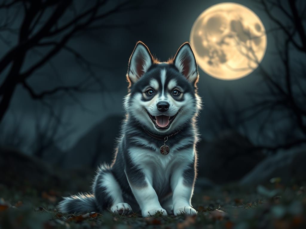Happy Husky Puppy in Fairycore Gothic Moonlight