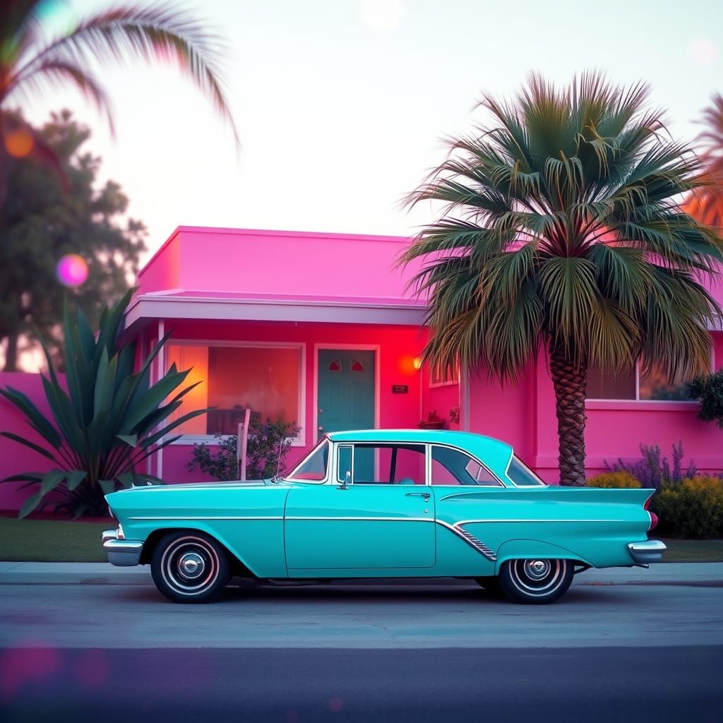 1960s Dreamscape: Turquoise Car, Pink House, Rainbow Light