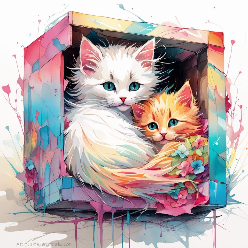 Cute Kitten Snuggling in a Box: Digital Illustration