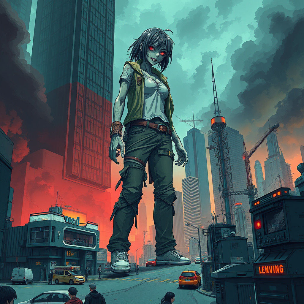 Towering Zombie Dominates Miniature City in Anime Style
