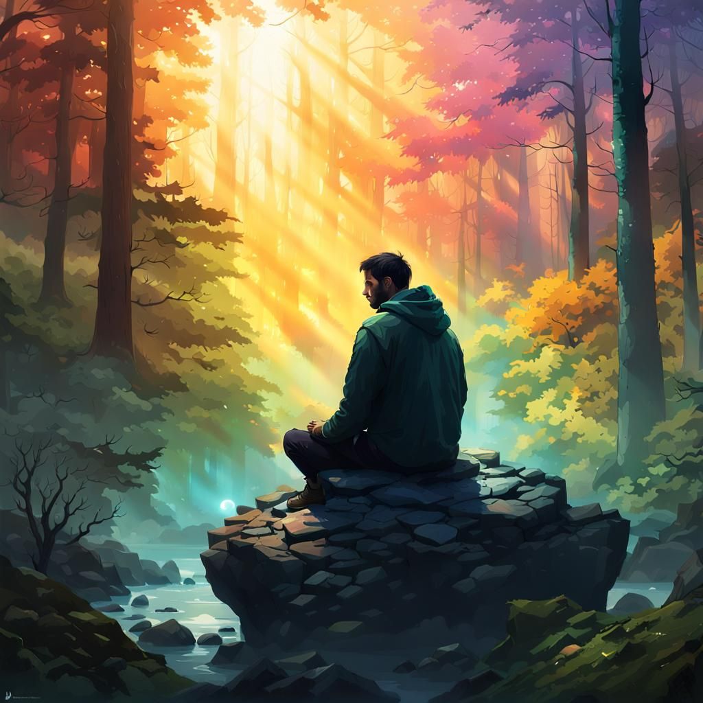Man Praying in Forest at Colorful Sunrise
