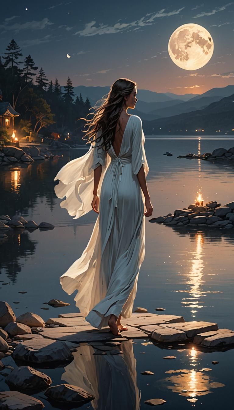 Woman Walks on Lake of Fire: Alphonse Mucha Style