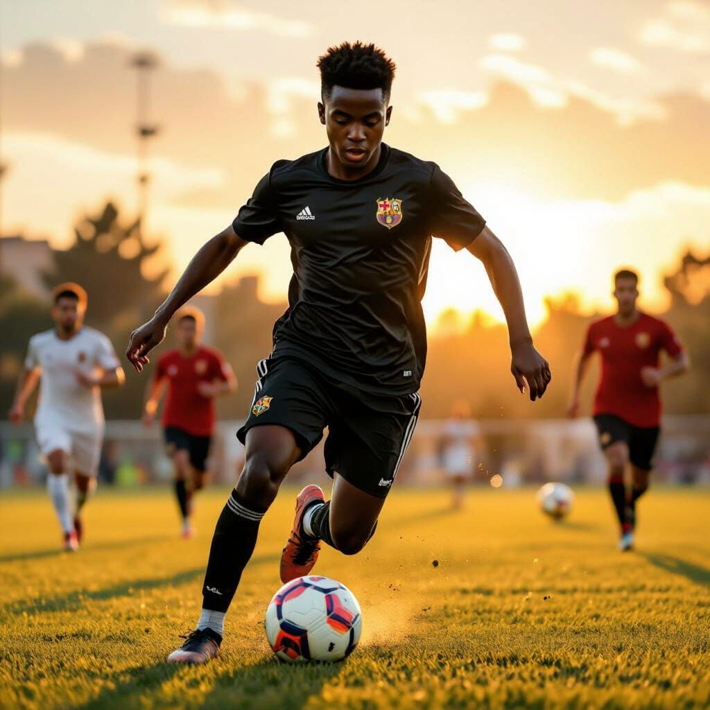 Boy Plays Soccer in Barcelona at Golden Hour