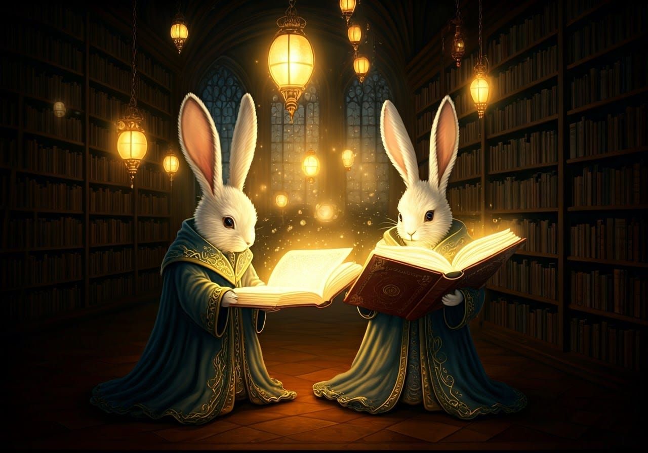 Whimsical Rabbit Wizards in Enchanted Library