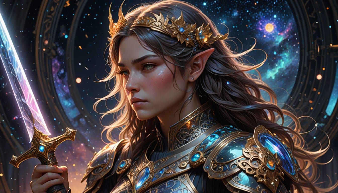 Celestial Warrior in Stardust Armor with Luminous Sword