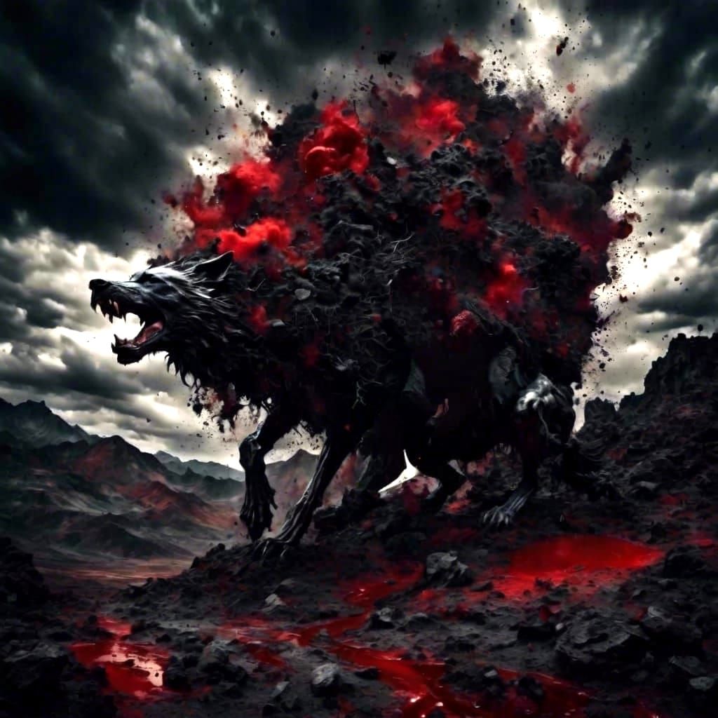 Cosmic Werewolf in Red and Black Clouds