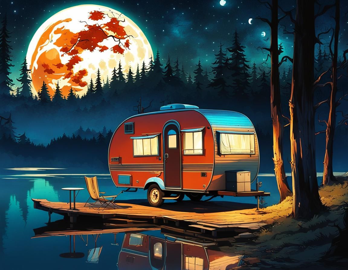 Camper Trailer by Lake Under Giant Moon in Anime Style