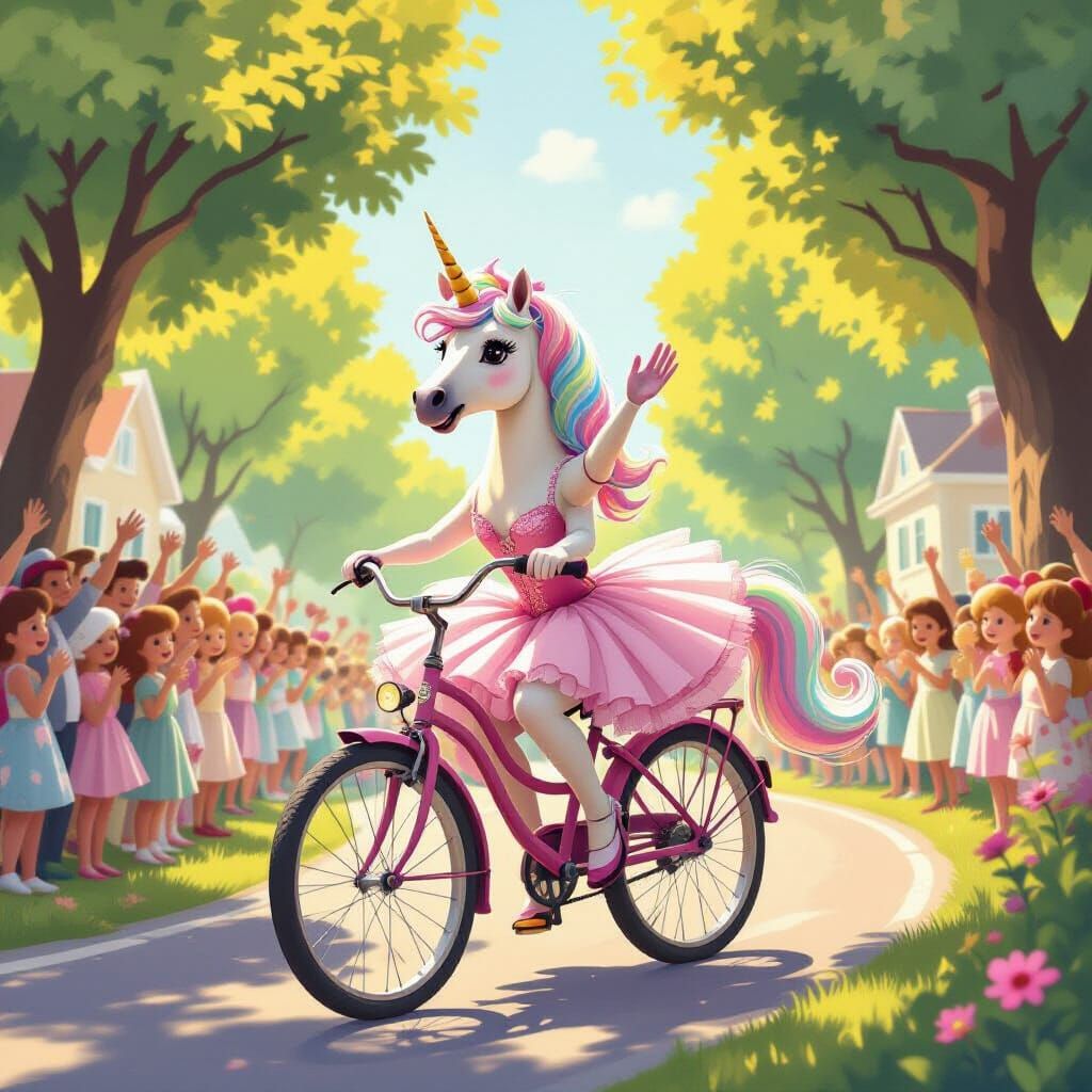 Unicorn Rides Bicycle In Tutu Waving To Crowd