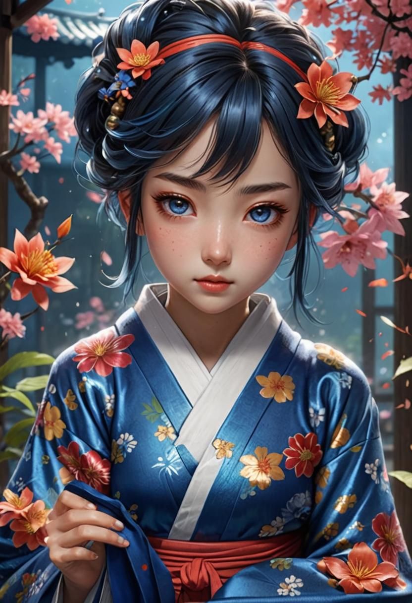 Anime Girl in Blue Kimono Surrounded by Flowers