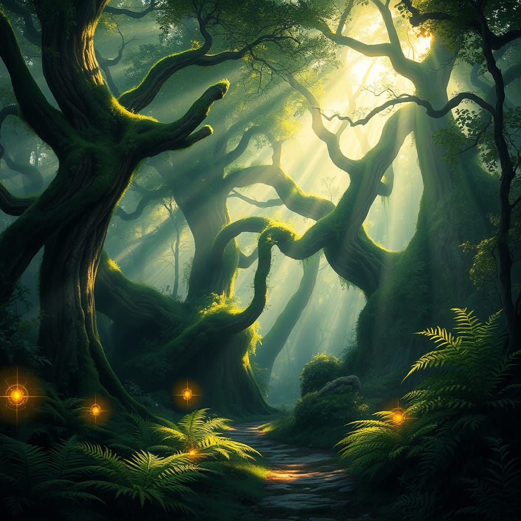 Enchanted Forest Path Bathed in Dappled Sunlight