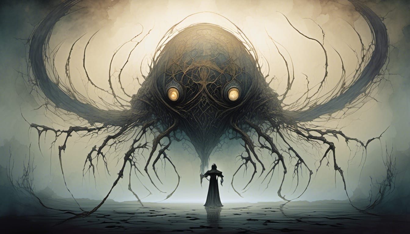 Eldritch Horror Creature with Glowing Eyes, Watercolor Style