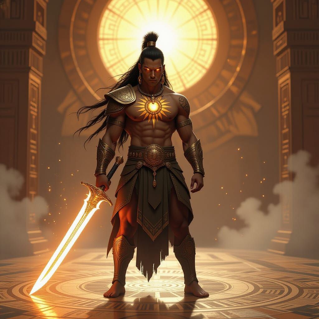 Demigod Warrior with Sun Tattoos and Light Sword