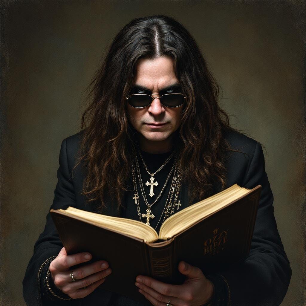 Ozzy Osbourne Holds Bible: Hyperrealistic Vintage Portrait