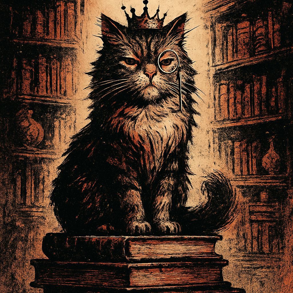 Majestic Cat with Crown and Monocle on Books