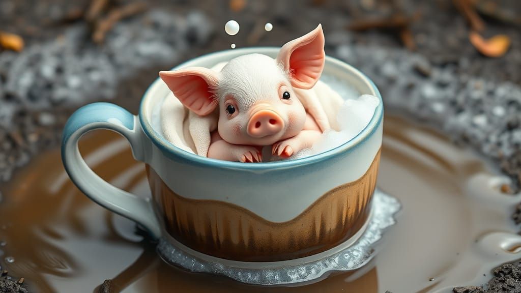 Whimsical Baby Pig in Coffee Mug Bubble Bath
