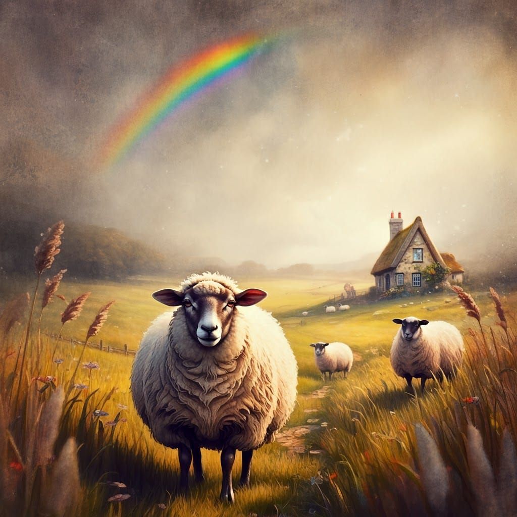 Dreamy Watercolor Sheep in Field with Rainbow
