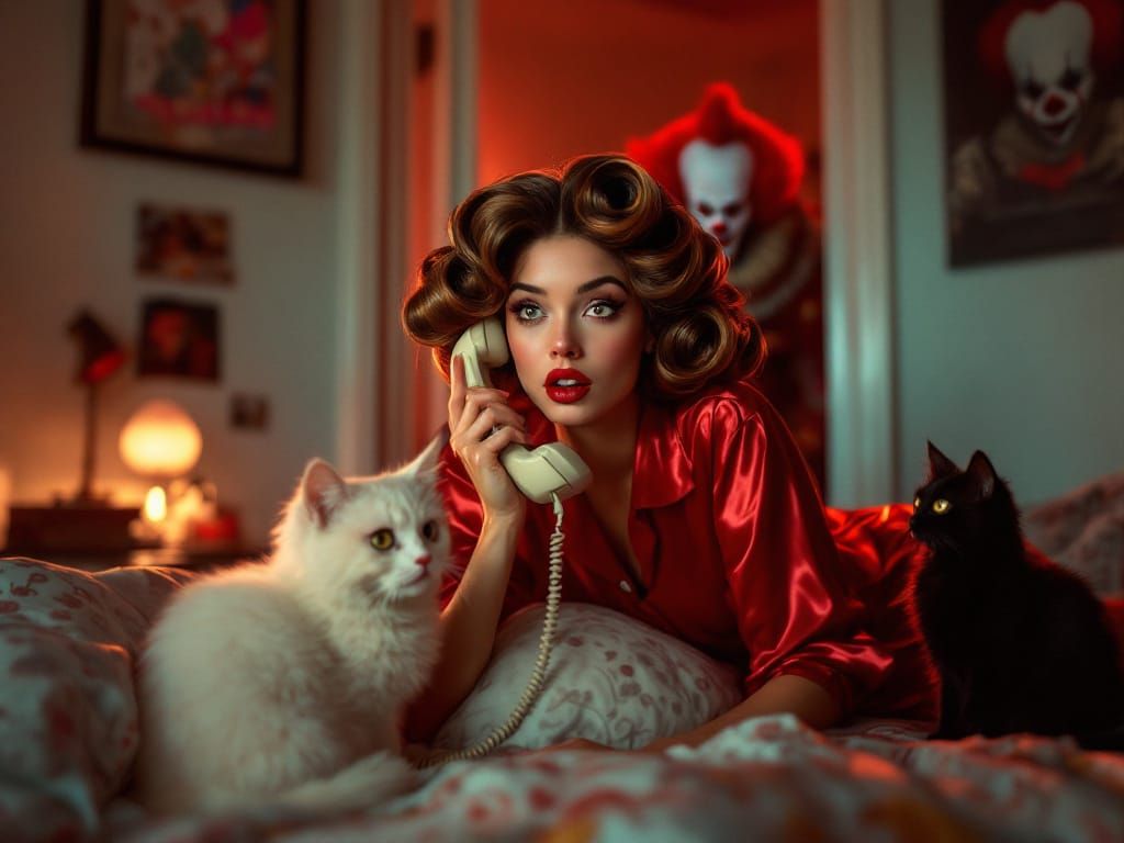 Glamorous Woman With Cats & Sinister Clown