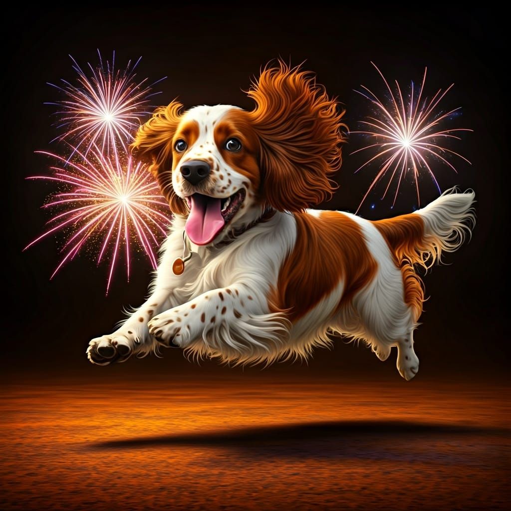 Happy Spaniel Dog Chasing Fireworks