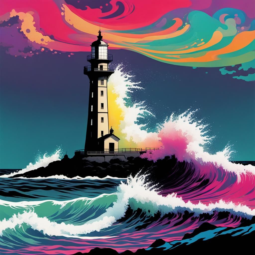 Psychedelic Lighthouse Silhouette with Foaming Waves
