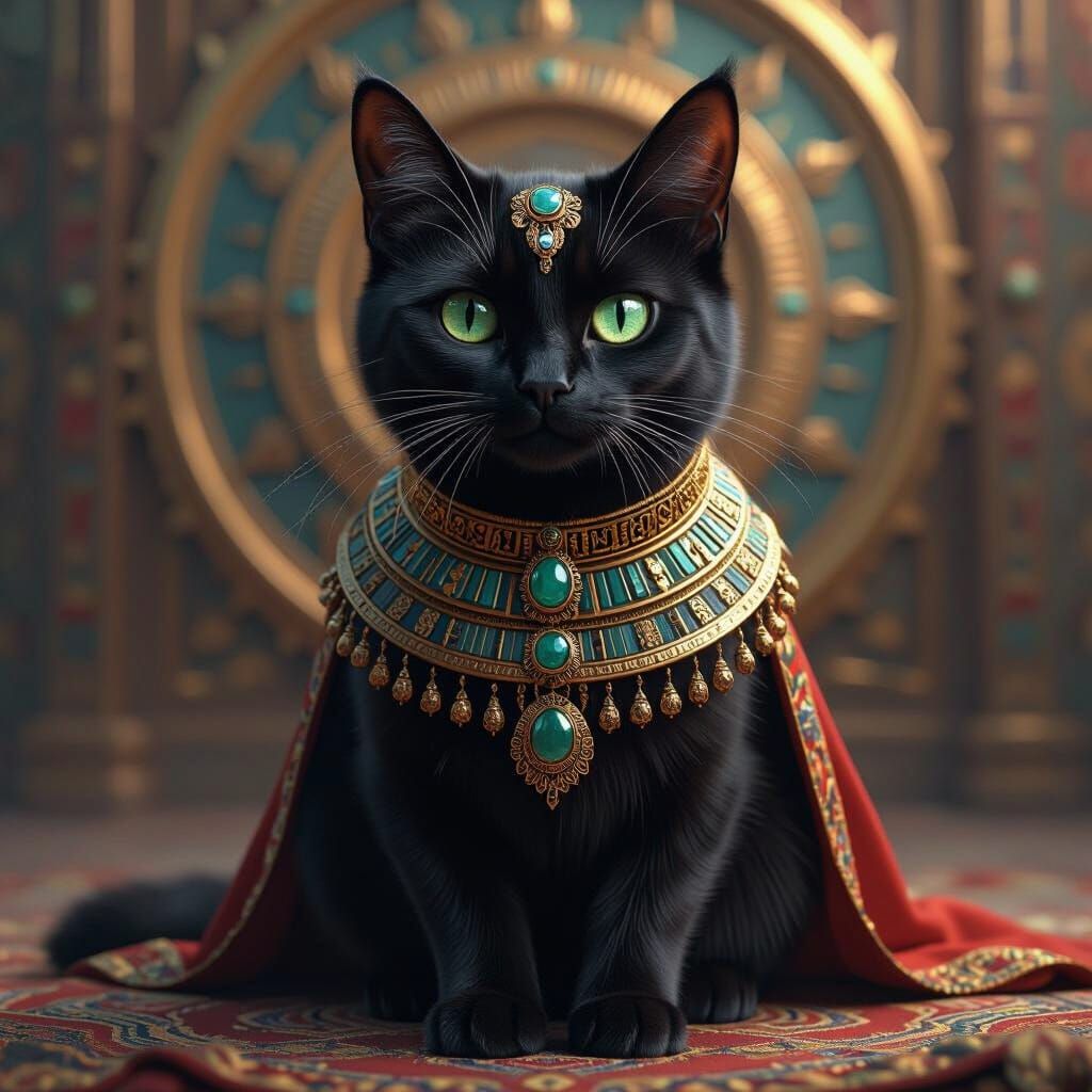 Regal Black Cat in Ornate Egyptian Regalia