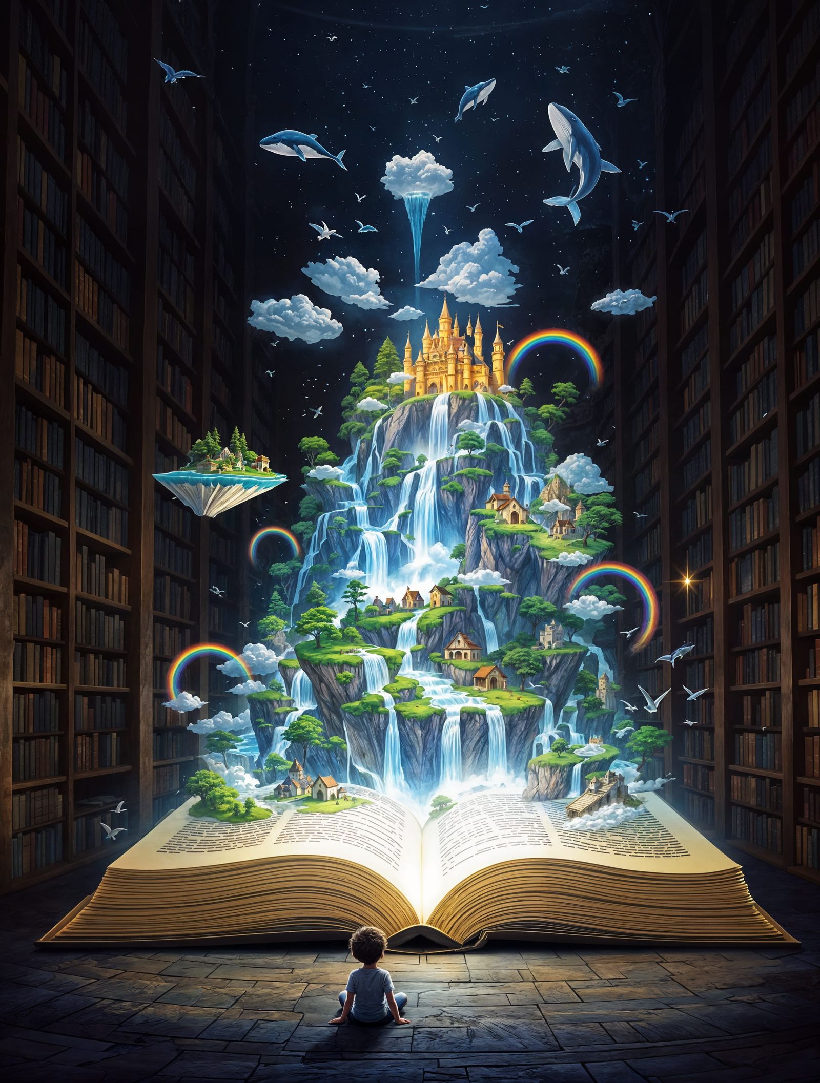 Enchanted Library Portal to Whimsical Fantasy Realm
