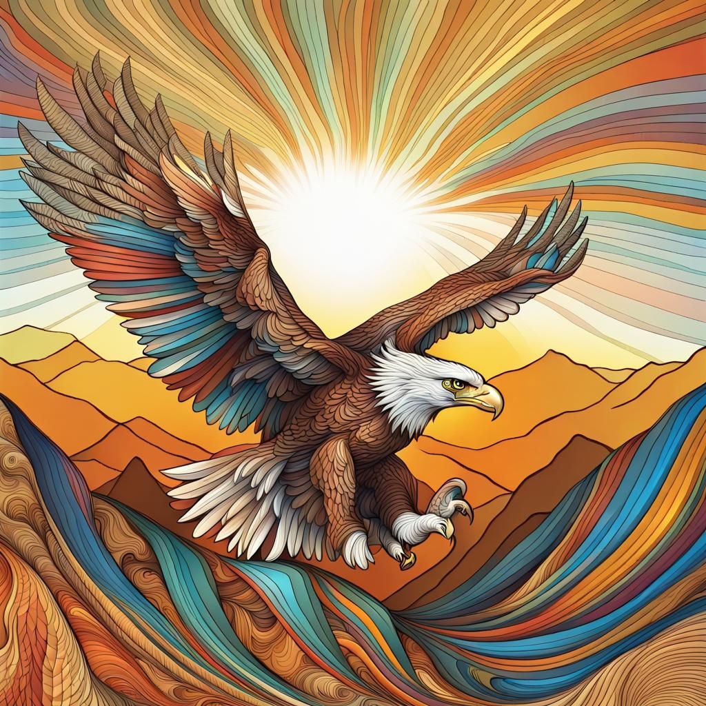 Eagle Soaring Over Mountain in Abstract Style