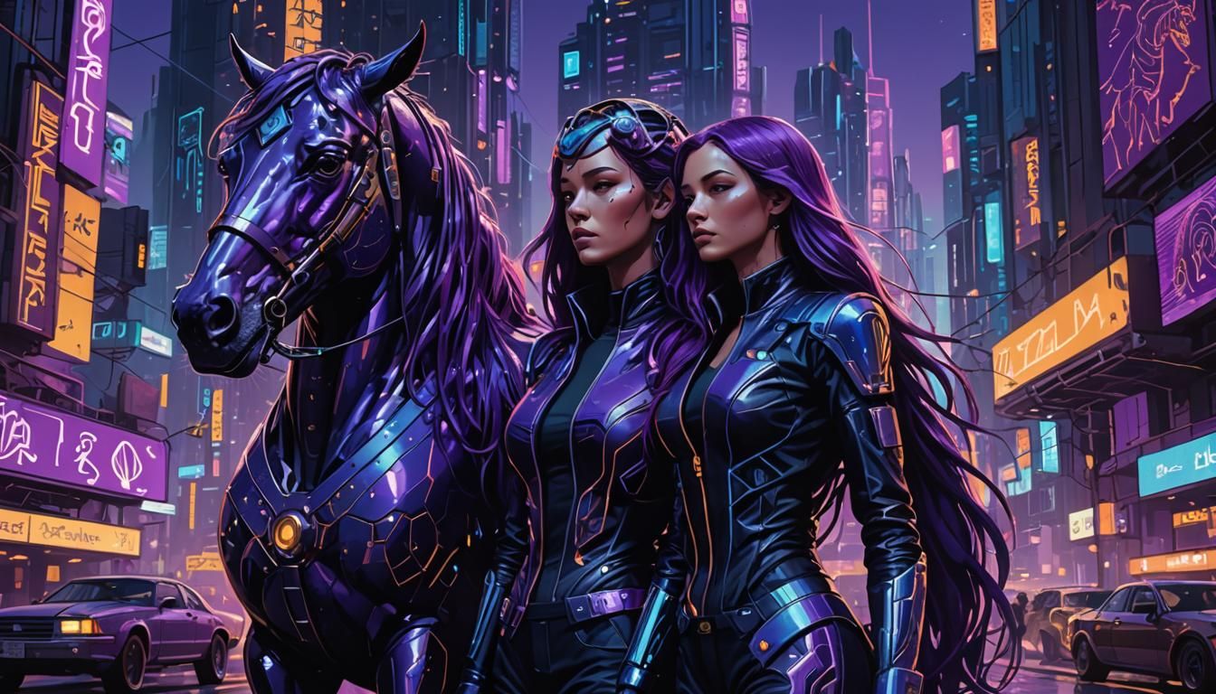 Cyberpunk Woman and Mechanical Horse in Neon Cityscape