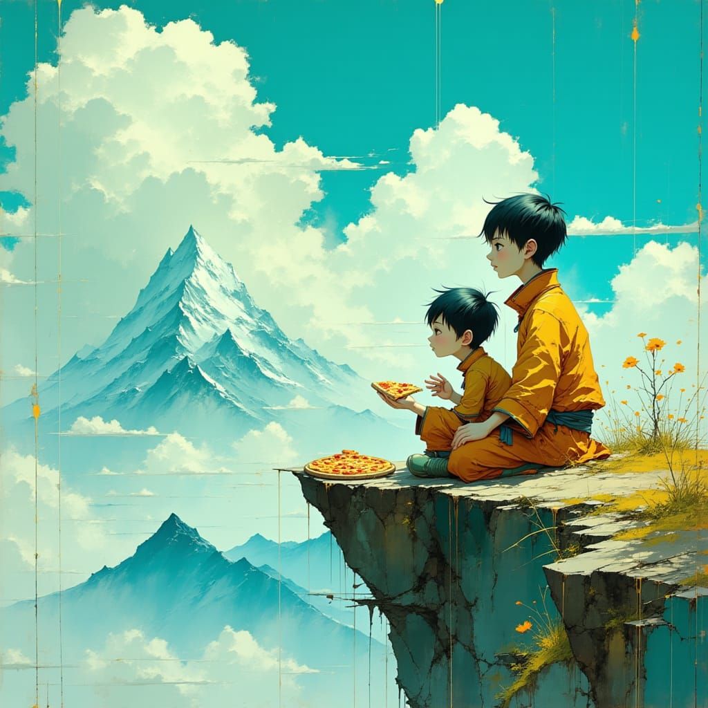 Tiny Tibetan Boys Enjoy Pizza on Himalayan Mountain Top