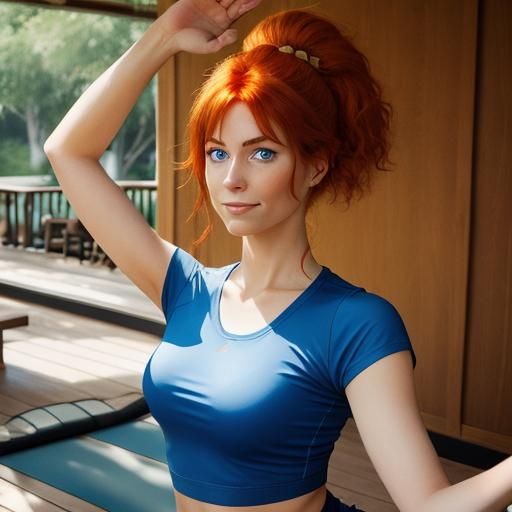 Auburn Haired Woman in Yoga Warrior Pose