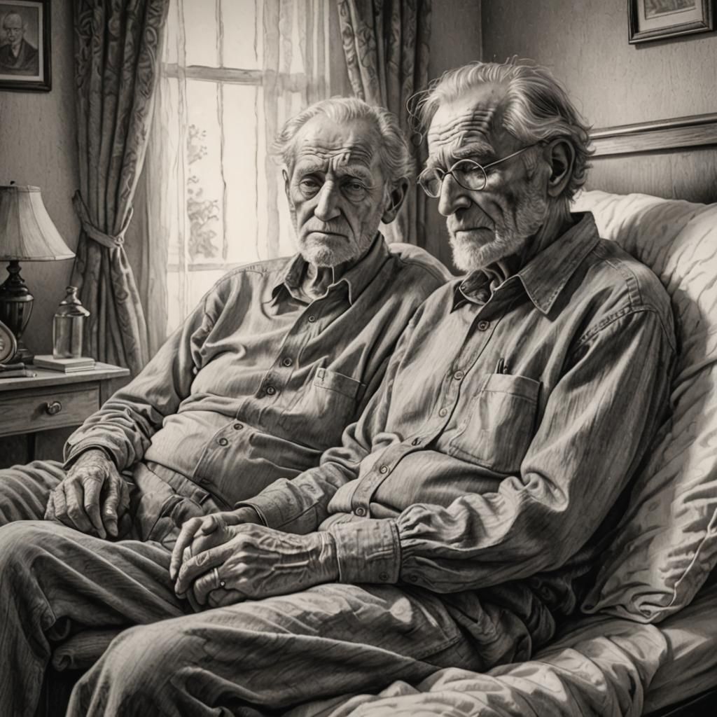 Touching Pencil Sketch: Elderly Couple, End of Life