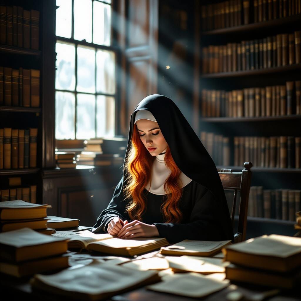 Solitary Red-Haired Nun in Dusty Library, Photorealistic Sty...
