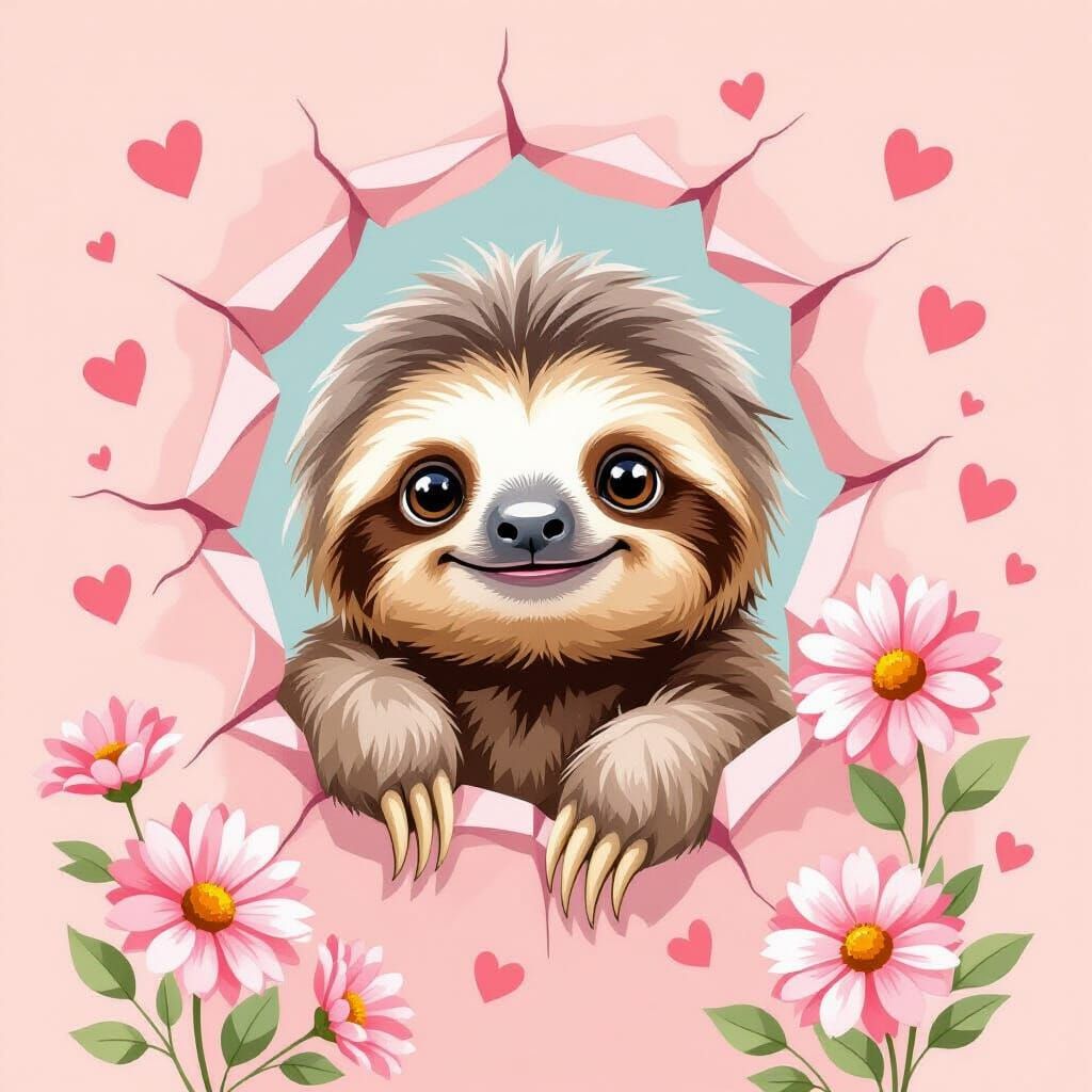 Cute Baby Sloth Peeking Through Pink Background in Watercolo...