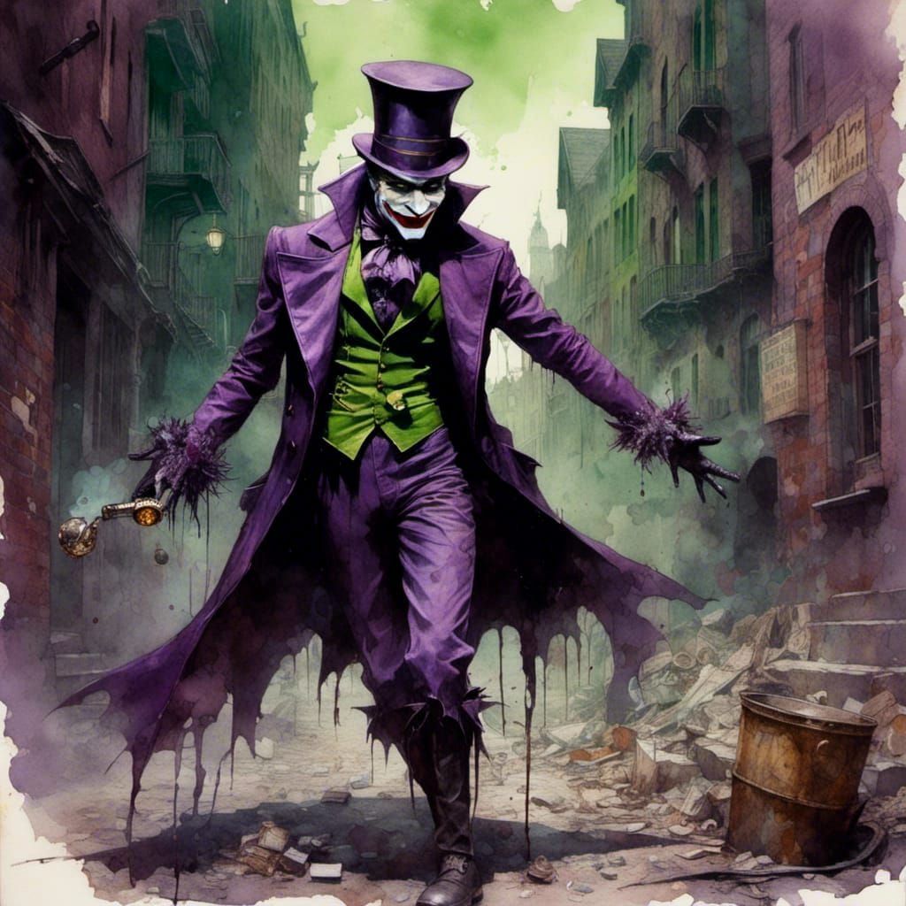 Steampunk Joker in Victorian Gotham, Watercolor Style