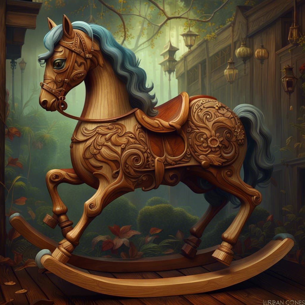Detailed Digital Painting of Carved Wooden Rocking Horse