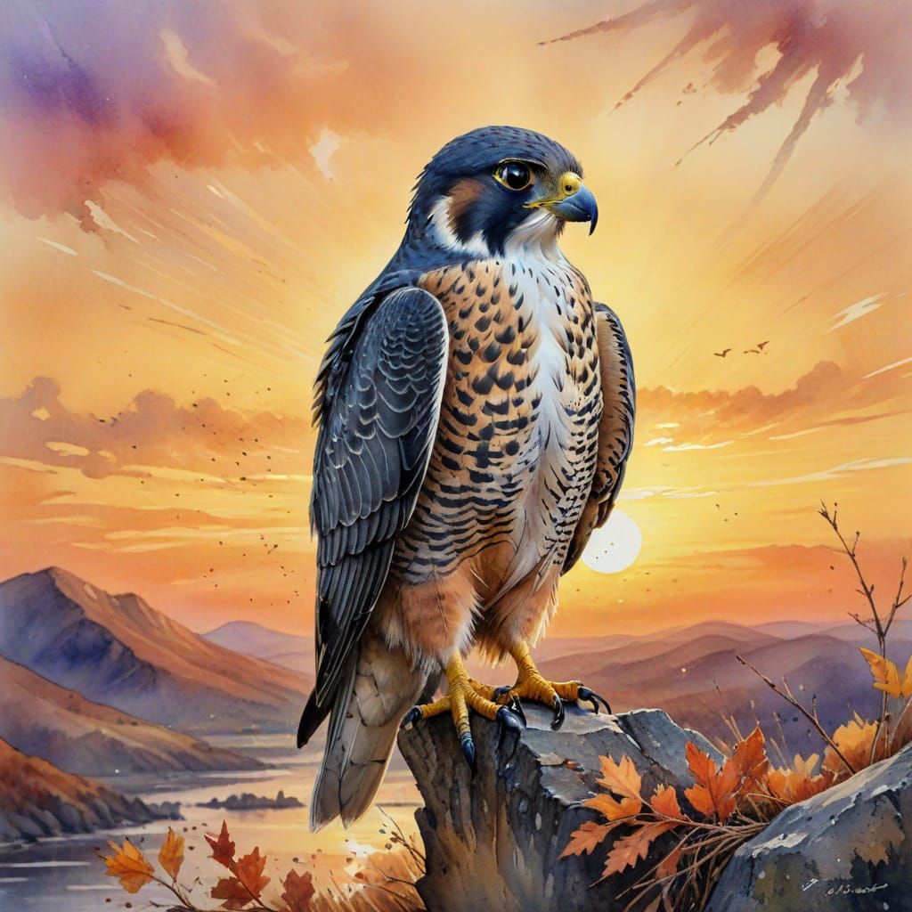 Peregrine Falcon in Watercolor Sunset Hues