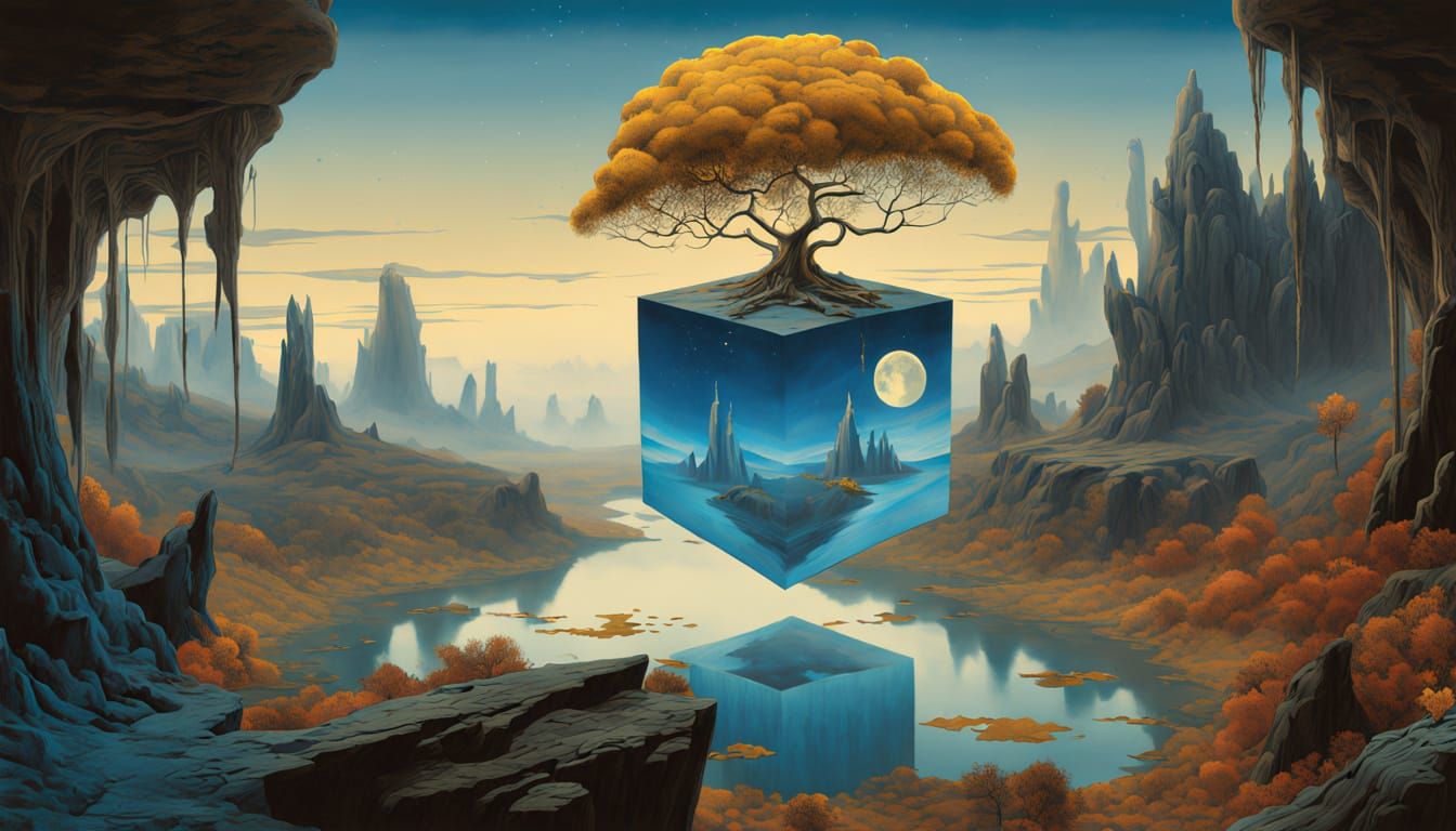 Surreal Floating Cube Over Autumn Landscape Under Starry Sky