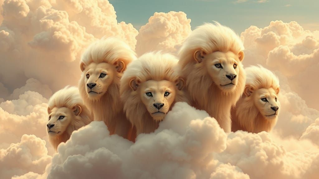 Surreal Cloud Lions in Dreamlike Cyberpunk Landscape