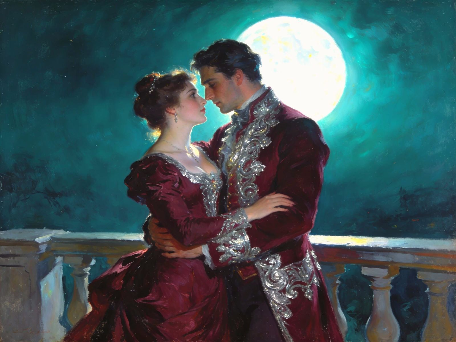 Victorian Couple Embracing Under Teal Moonlight