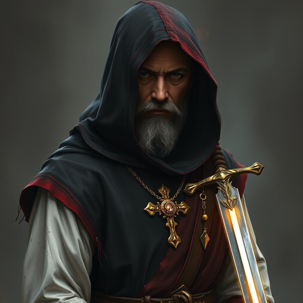 Monk with Glowing Sword in Fantasy Style