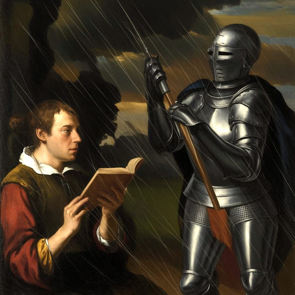 Romantic Poet Reads to a Knight in a Tempestuous Storm