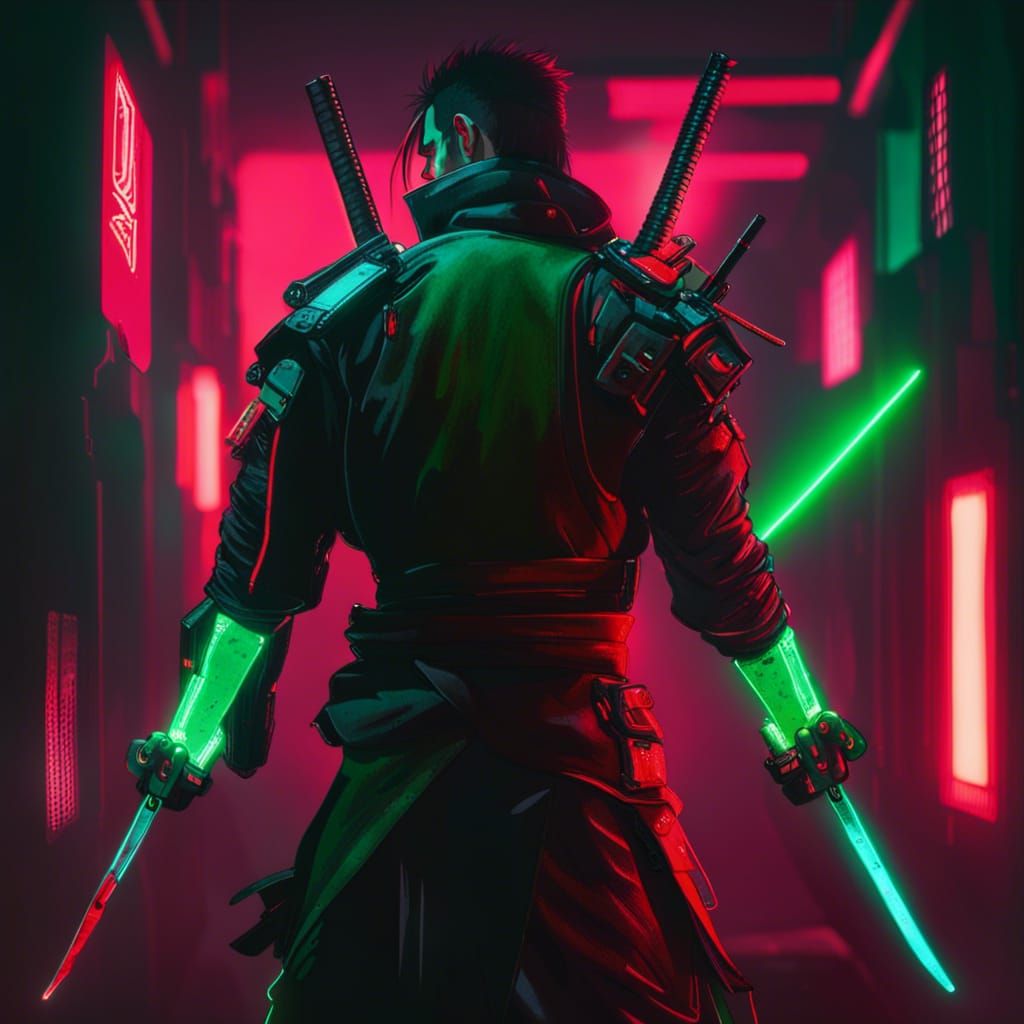 Cyberpunk Samurai Dual Wielding Katanas in Neon City