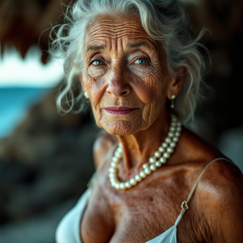 Wrinkled Elderly Woman in a Short White Bikini