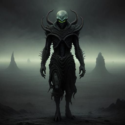 Menacing Alien on Alien Planet in Brutalist Style
