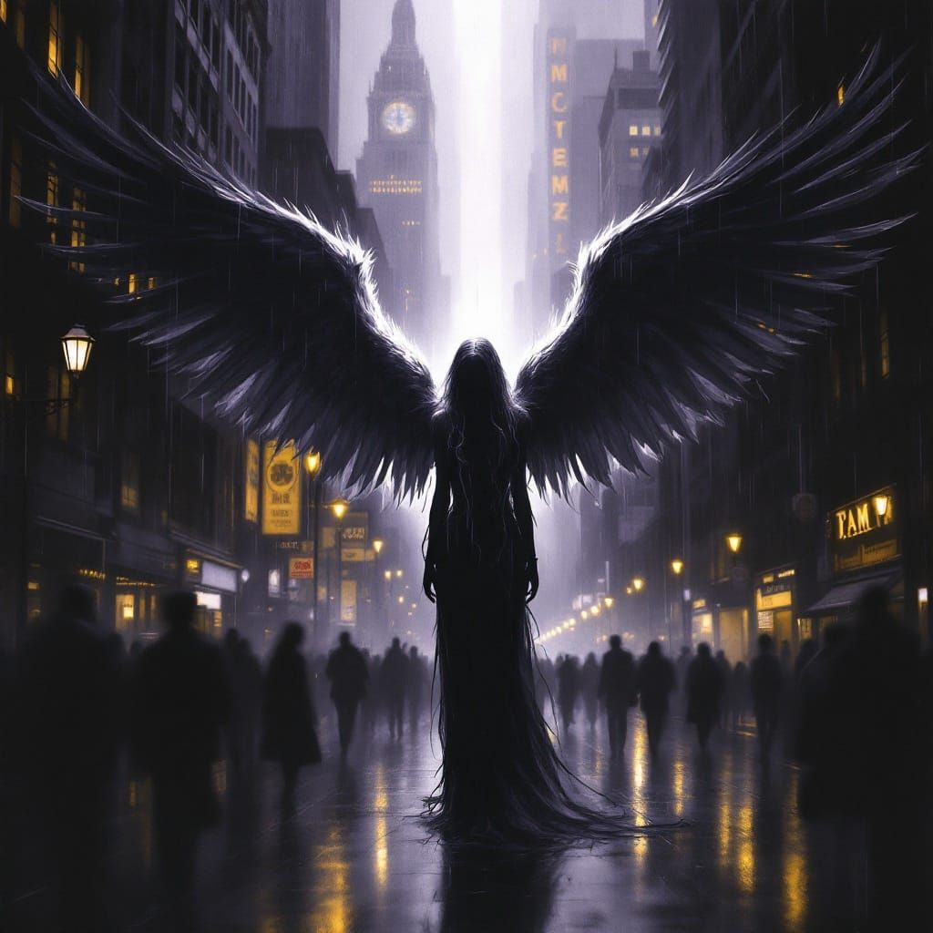 Angel Amidst Urban Chaos in Art Nouveau Style