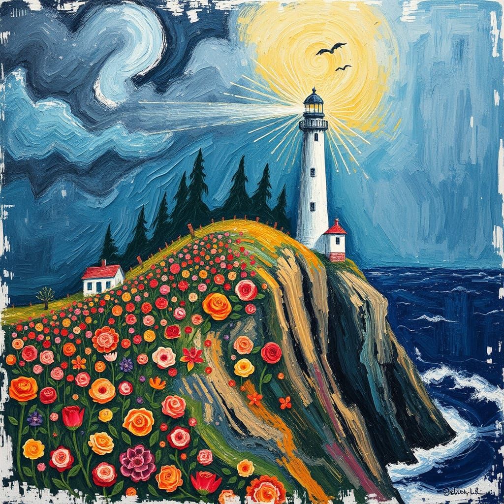 Lighthouse on Cliff in Tachisme Klimt Style