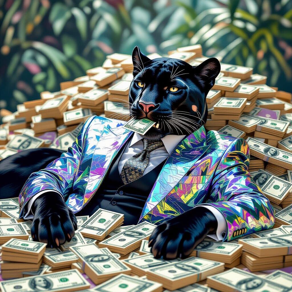 Panther Made of Money Rests on Cash Pile