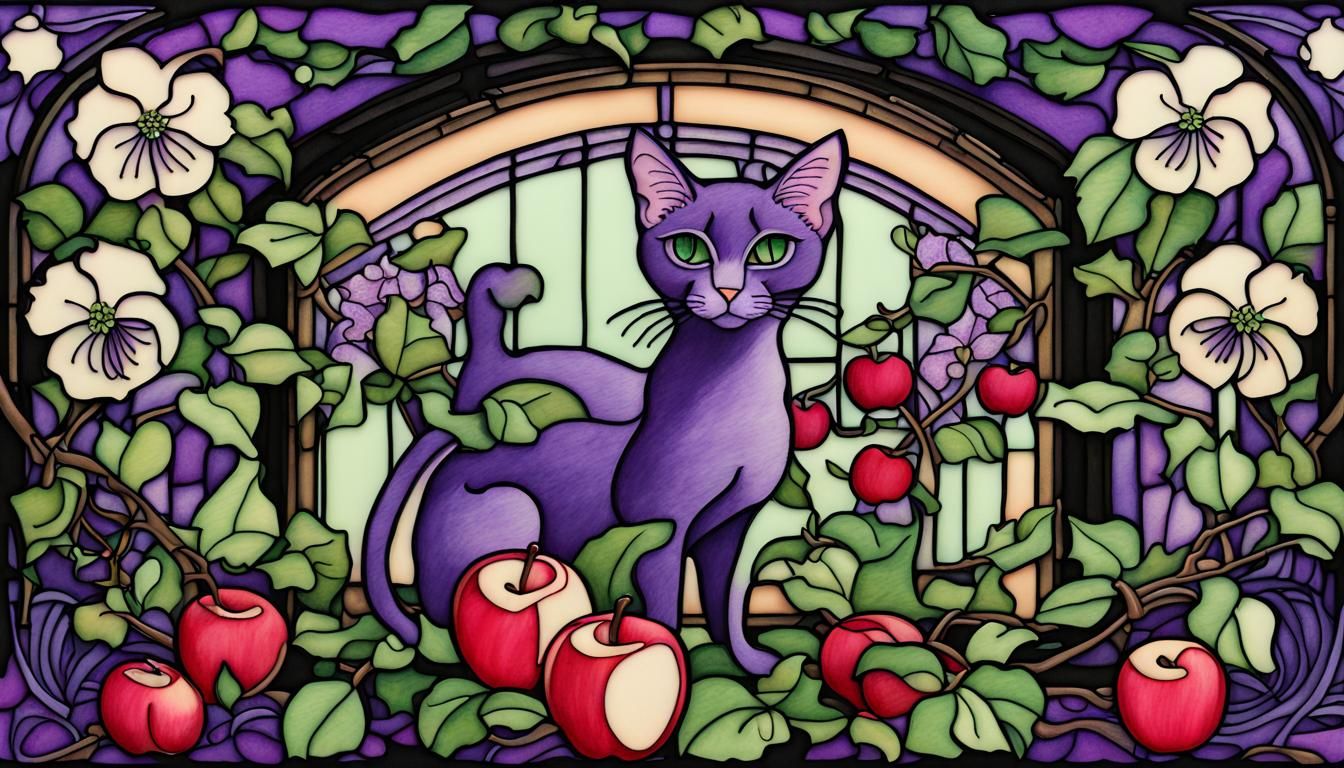 Art Nouveau Garden: Violets and Apples in Bloom